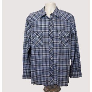 Frontier Western Snap Shirt XL Black Blue White Plaid Long Sleeve